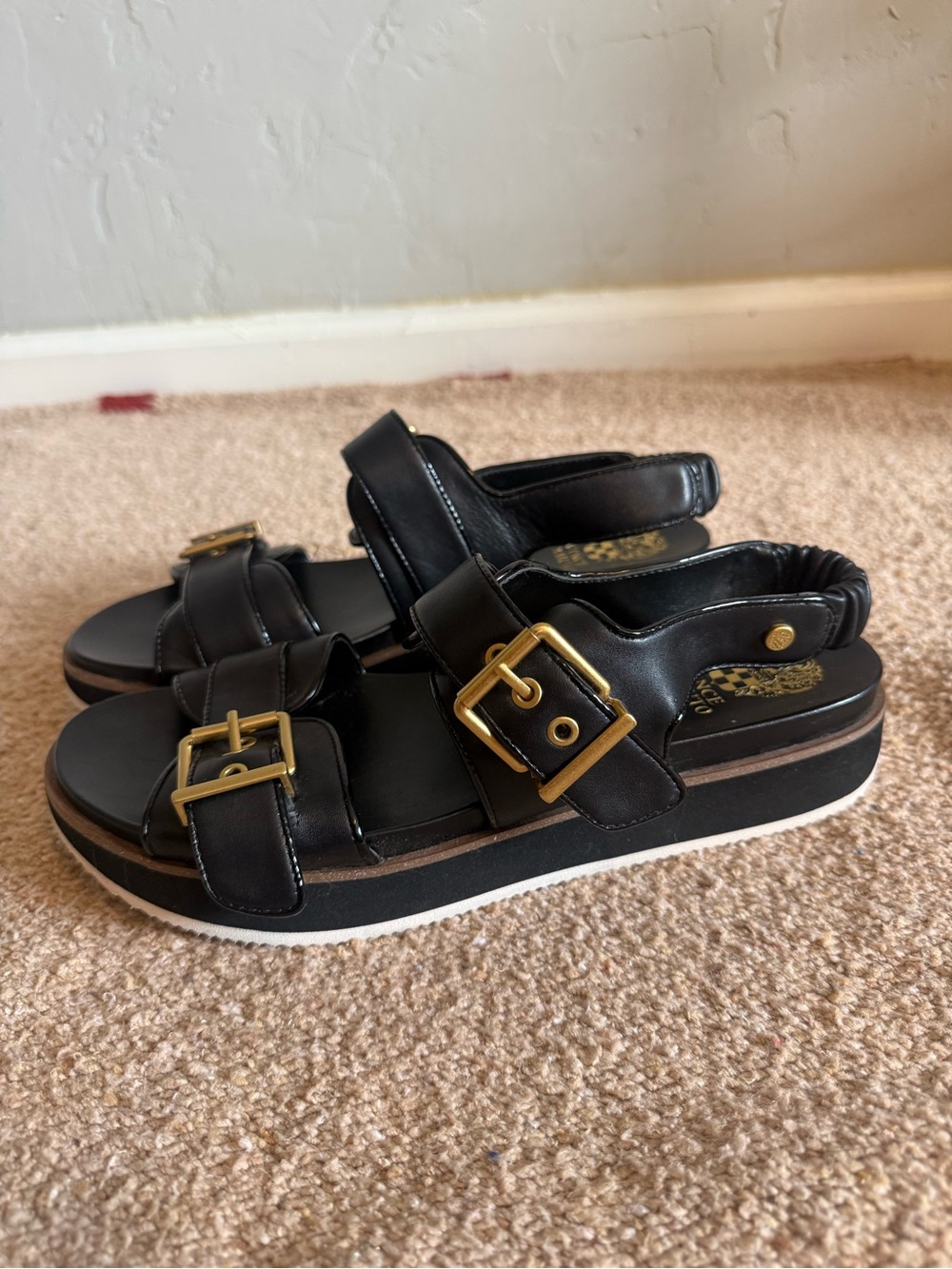 Vince Camuto Black Platform Sandals with Gold Buckles